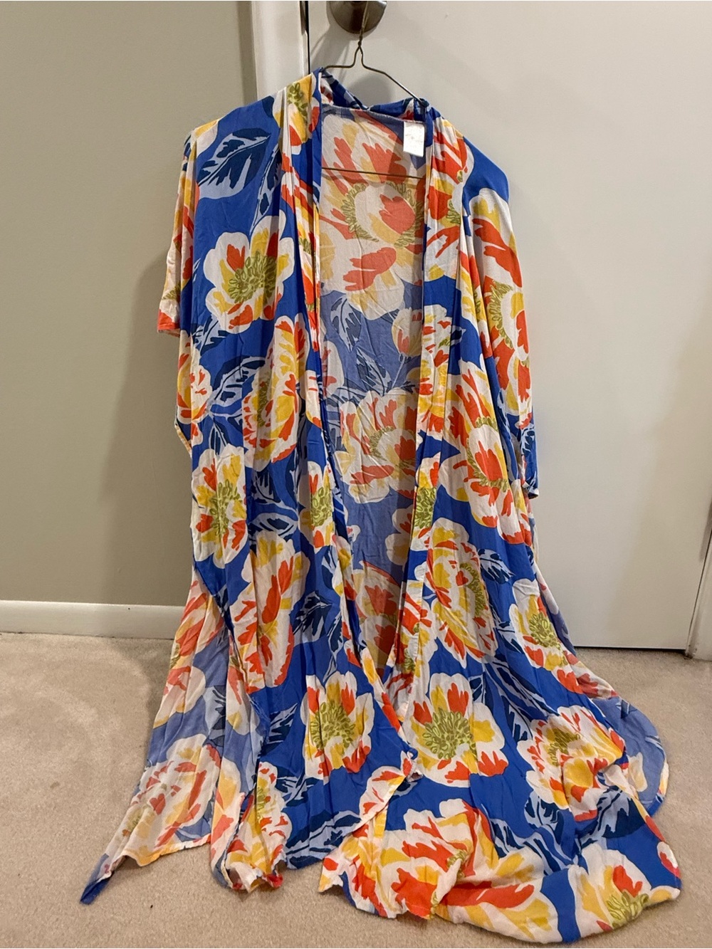 Skye Blue Floral Open-Front Kimono with Orange and Yellow Blooms